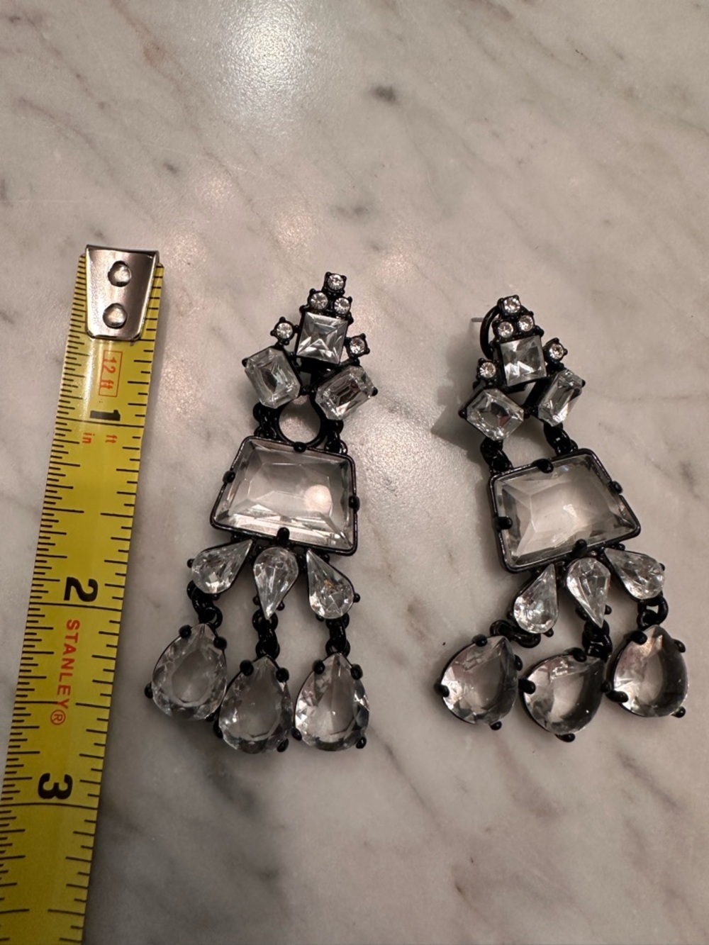 Elegant Black Metal Chandelier Crystal Drop Earrings - Clear Stones